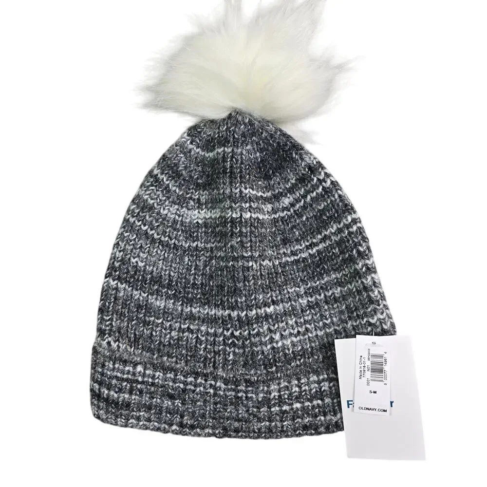 Old Navy‎ Knit Puff Ball Winter Hat Unisex Small/Medium Gray White Faux Fur New